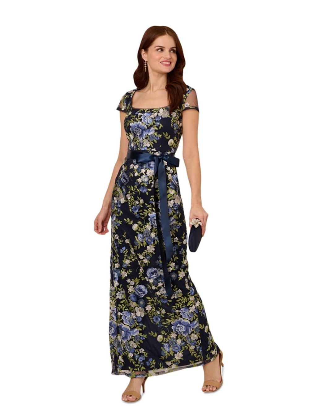 Adrianna Papell Navy Floral Maxi Dress Cascading Floral Sheath Gown Size 16